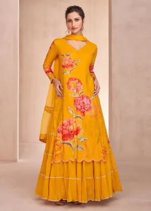 Bright Mustard Pure Muslin Embroidered Lehenga Skirt Suit