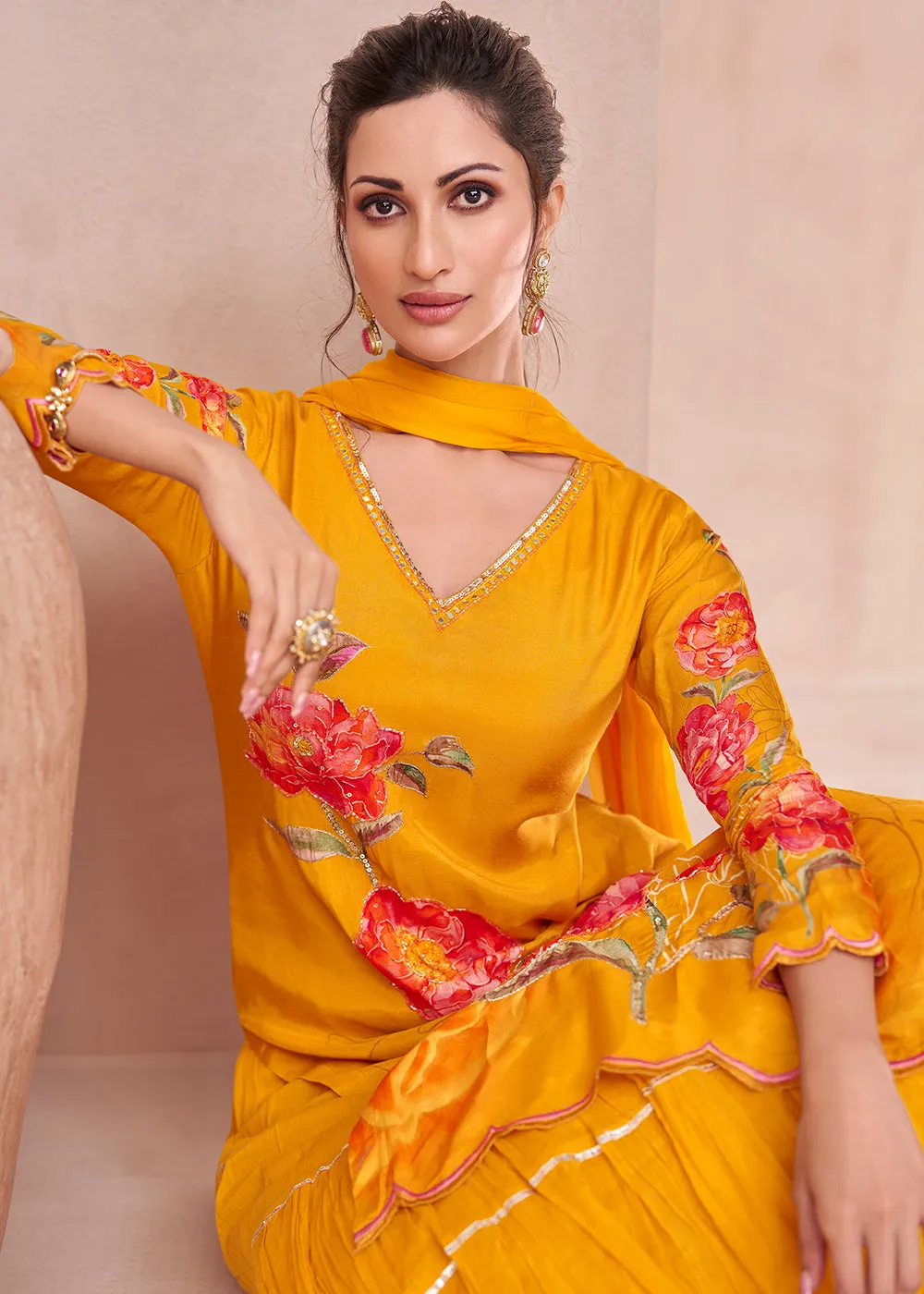 Bright Mustard Pure Muslin Embroidered Lehenga Skirt Suit