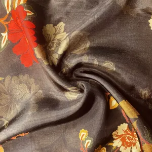 Brown Floral Print Upada Silk Fabric 19612