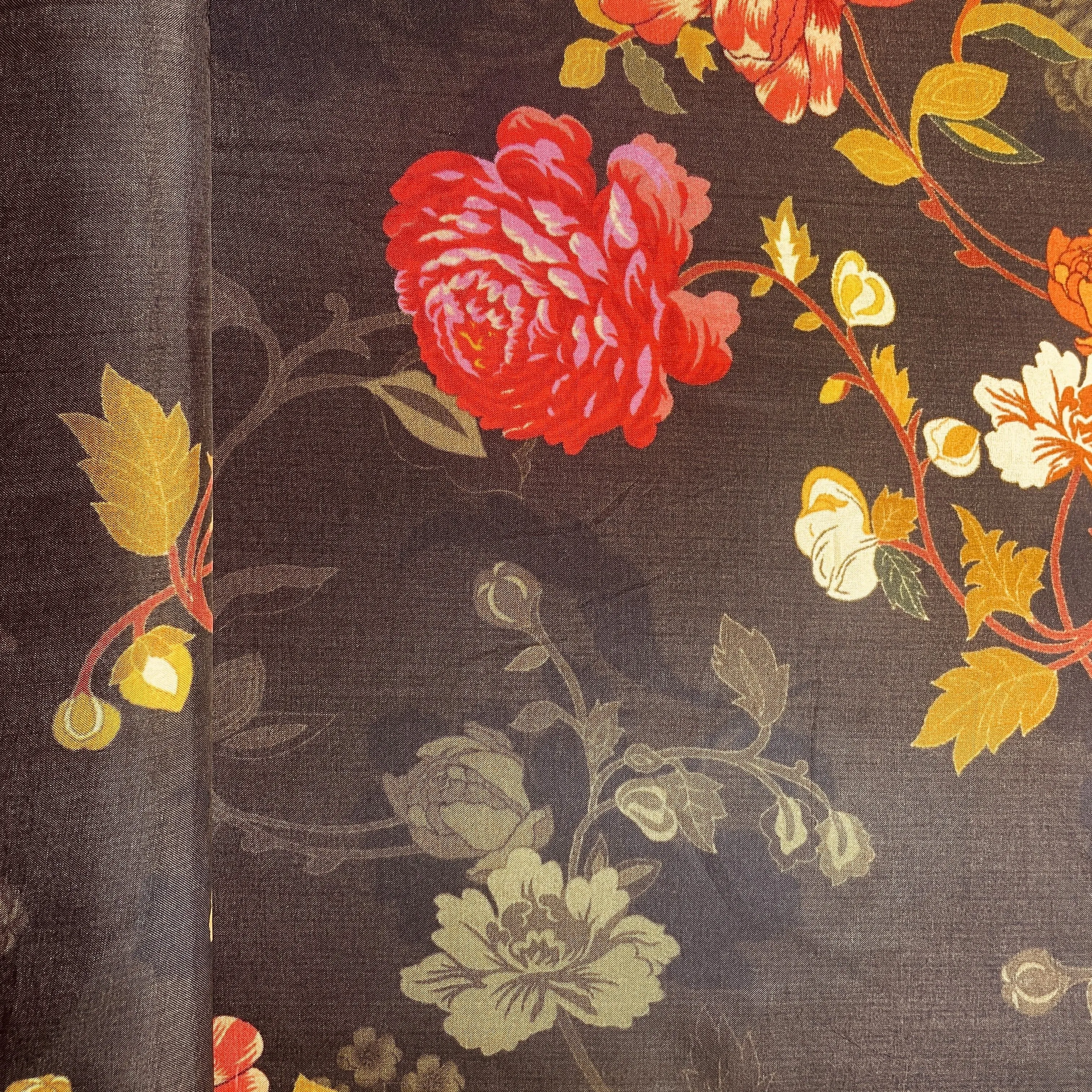 Brown Floral Print Upada Silk Fabric 19612