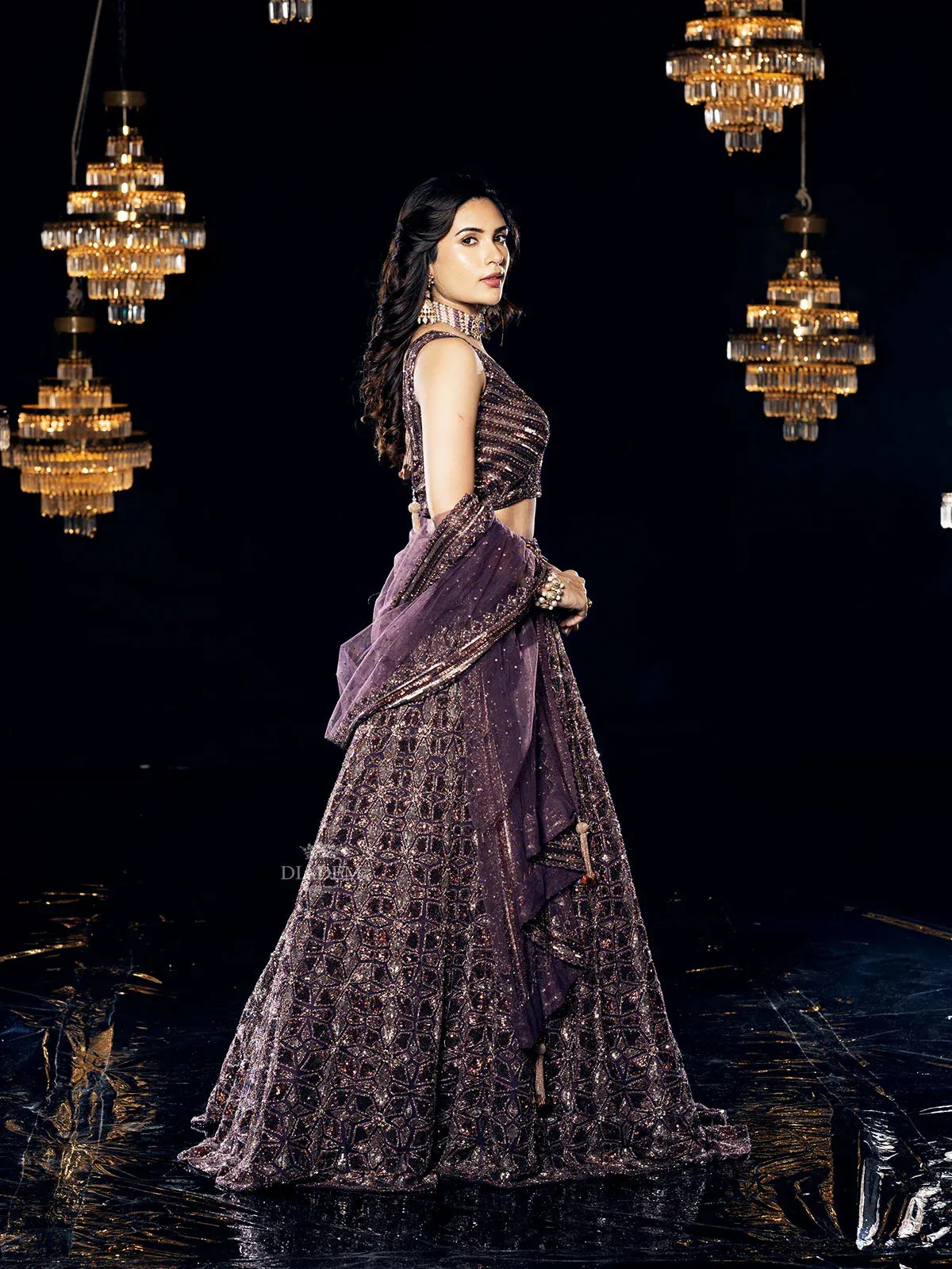 Burgundy Lehenga Embellished with Sequins and Dimond Shape Design and paired with Dupatta