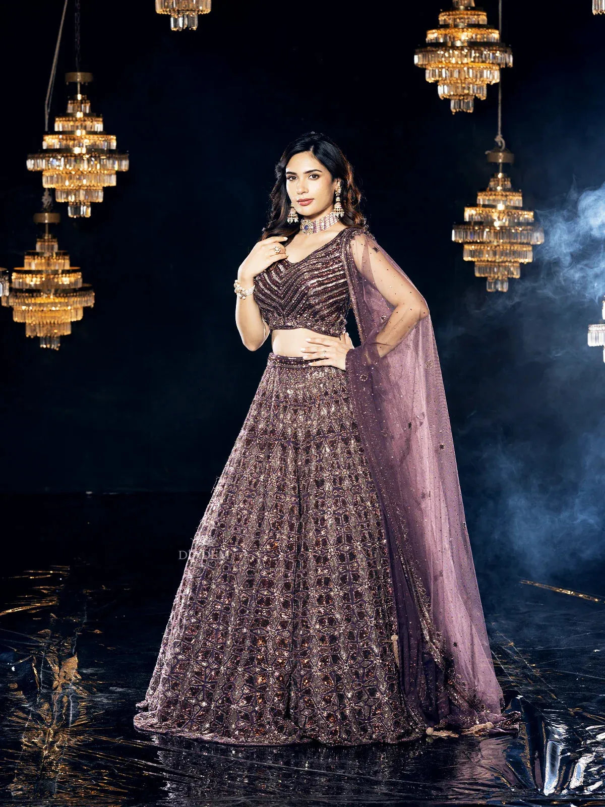 Burgundy Lehenga Embellished with Sequins and Dimond Shape Design and paired with Dupatta