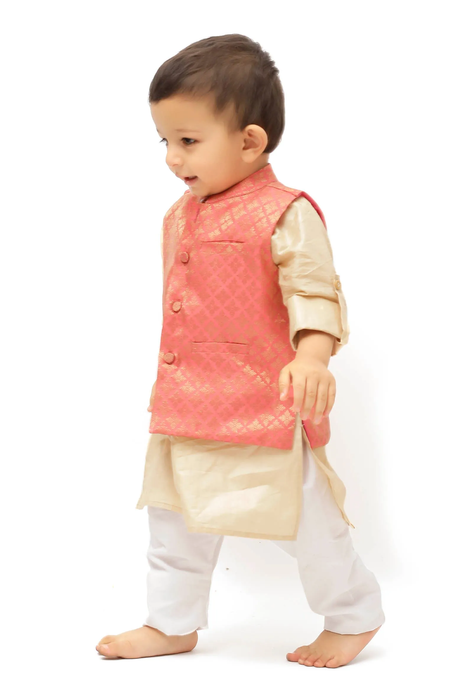 Carrot Pink Brocade Nehru Jacket