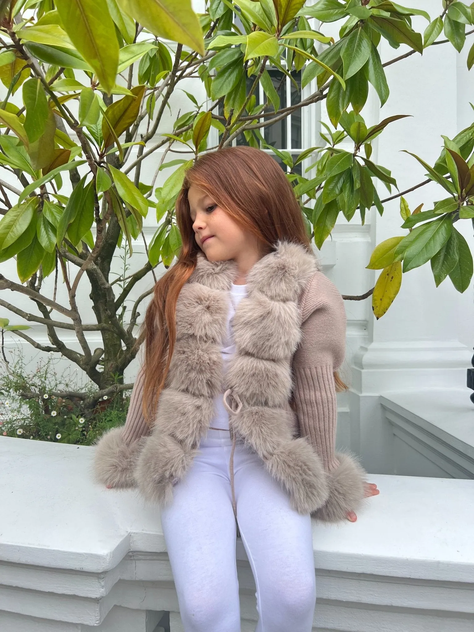 Childrens Beige Premium Faux Fur Cardigan