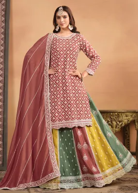 Chinnon Peach Multicolor Embroidered Lehenga Style Suit