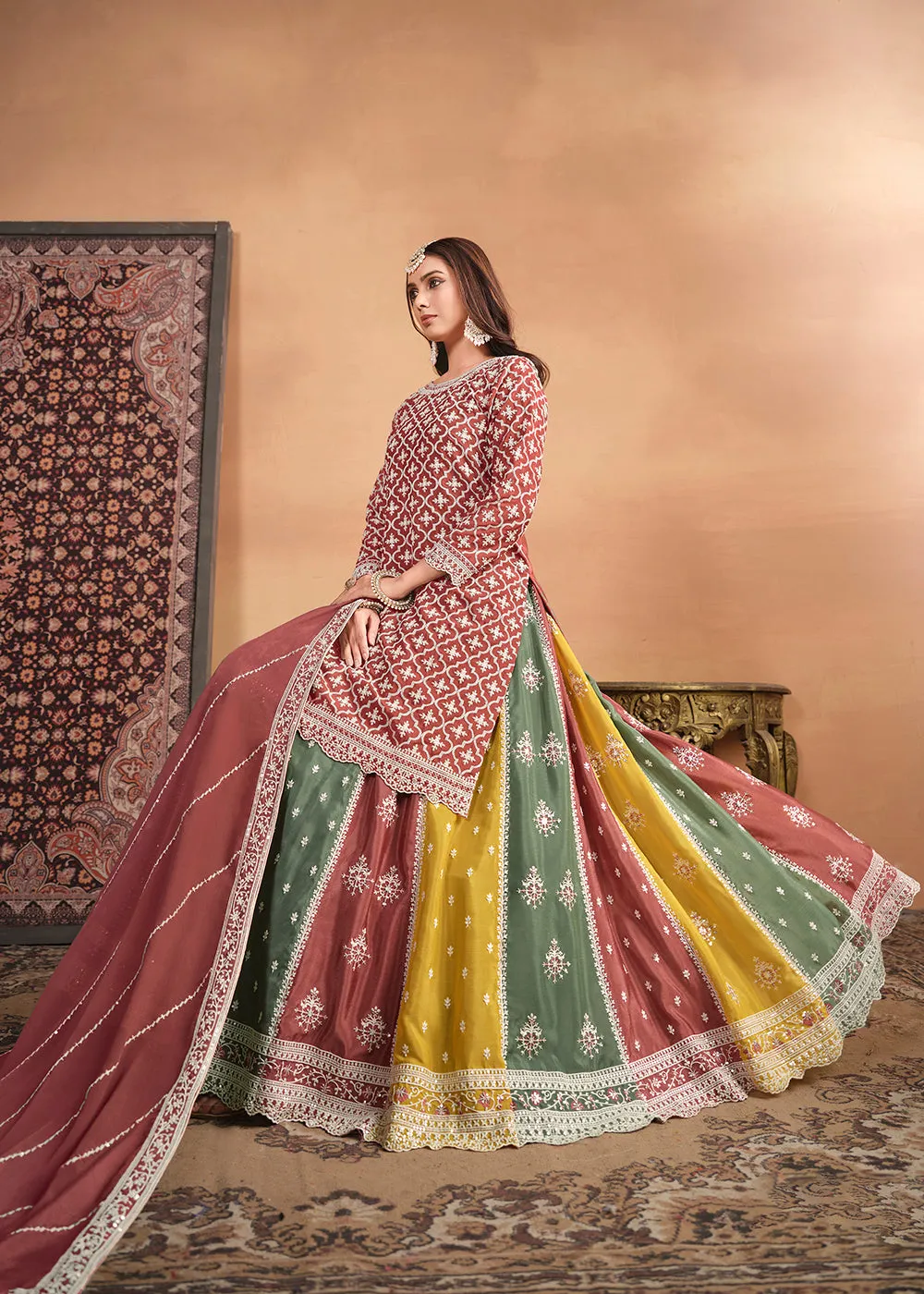 Chinnon Peach Multicolor Embroidered Lehenga Style Suit