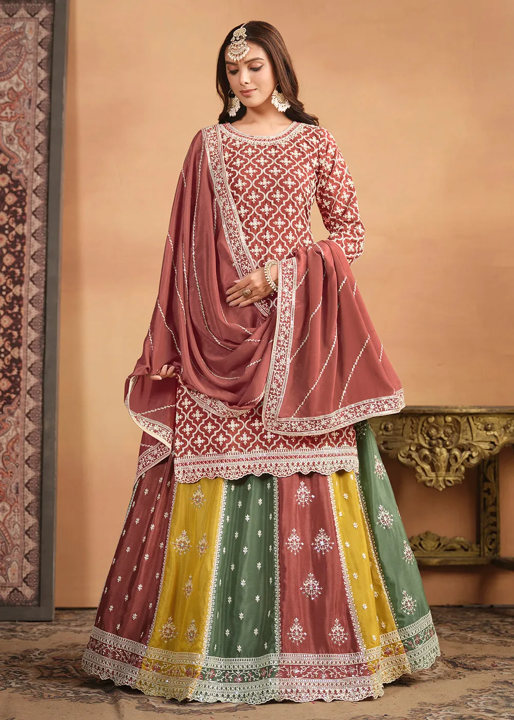 Chinnon Peach Multicolor Embroidered Lehenga Style Suit