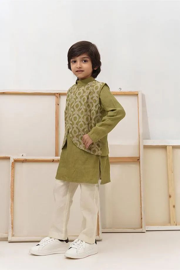 Cocomelon- Green Chanderi Silk Embroidered Collared Jacket with Kurta & Pyjama Set for Boys