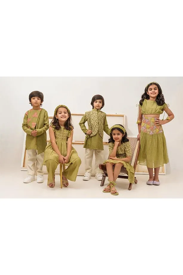 Cocomelon- Green Chanderi Silk Embroidered Collared Jacket with Kurta & Pyjama Set for Boys