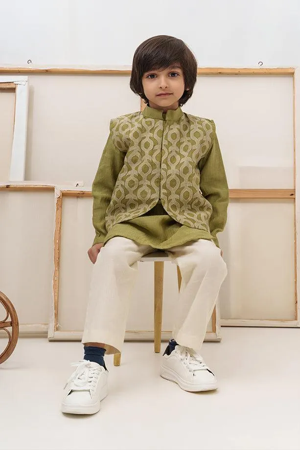 Cocomelon- Green Chanderi Silk Embroidered Collared Jacket with Kurta & Pyjama Set for Boys