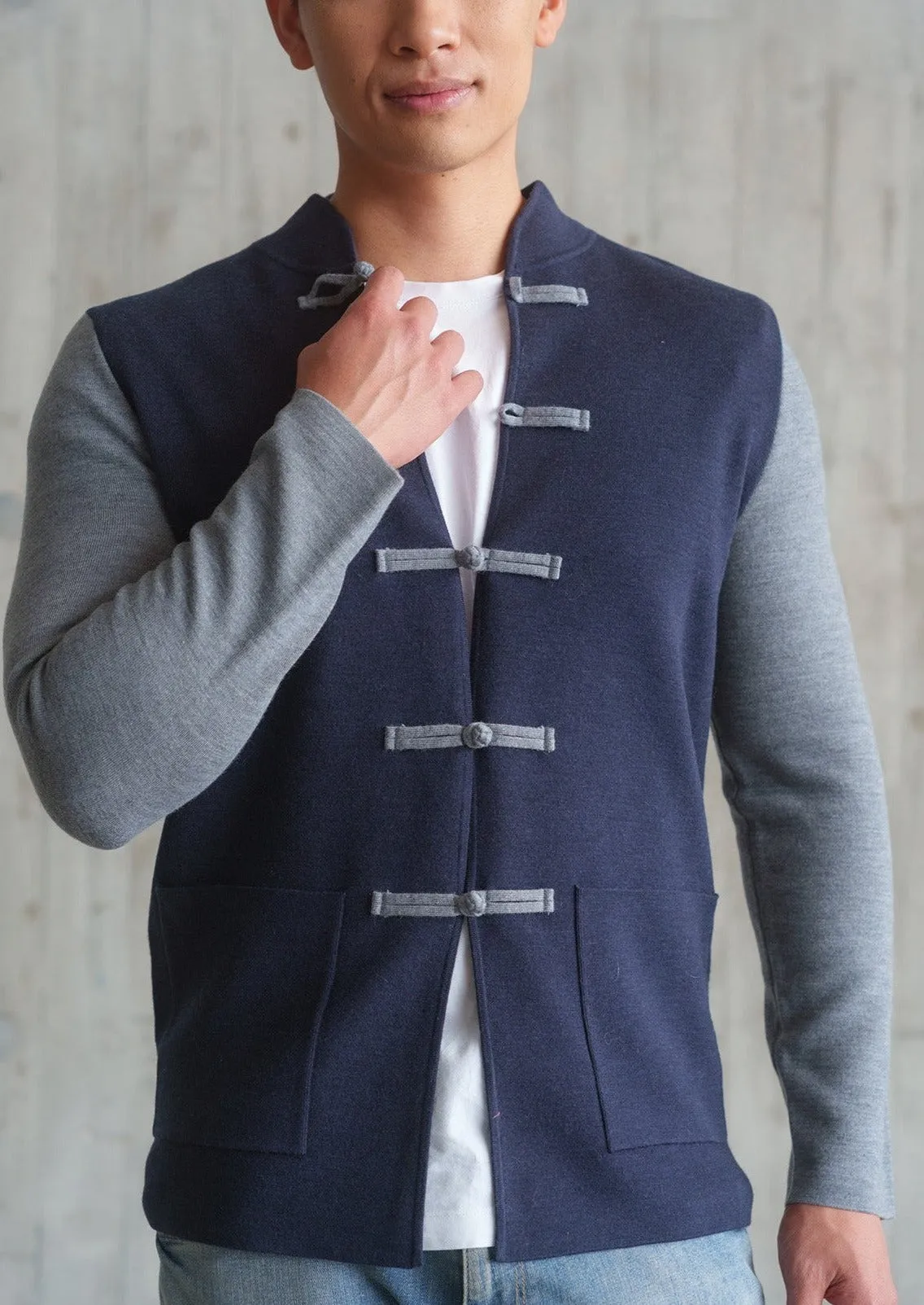 Color-Block Knit Tang Jacket (Dark Blue/ Grey)