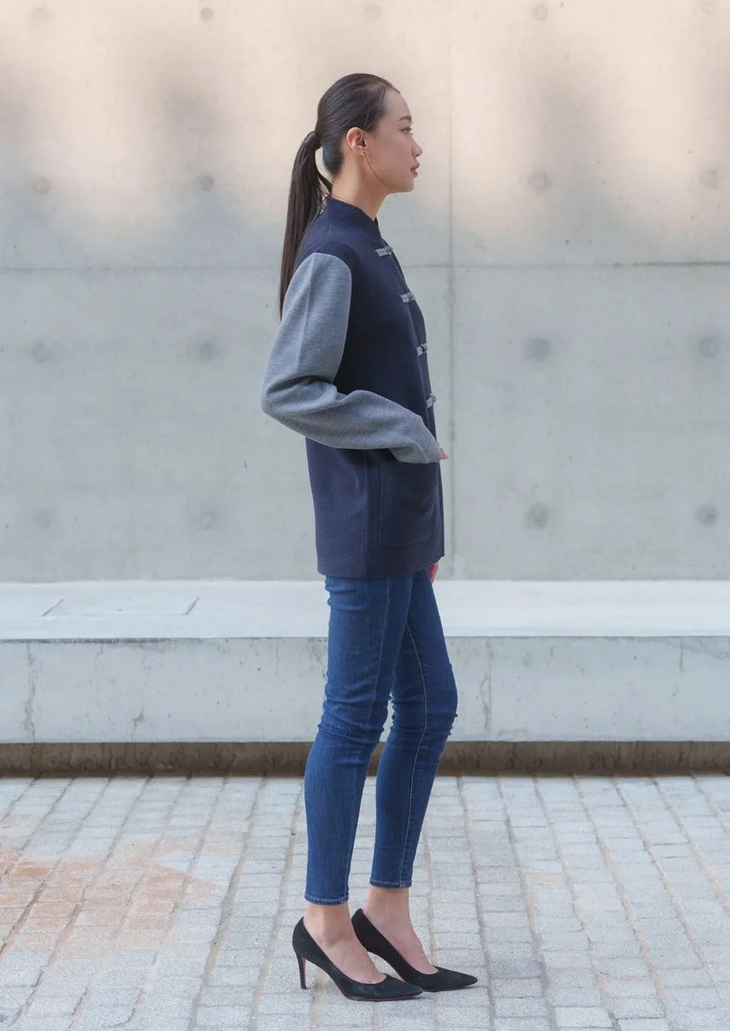 Color-Block Knit Tang Jacket (Dark Blue/ Grey)