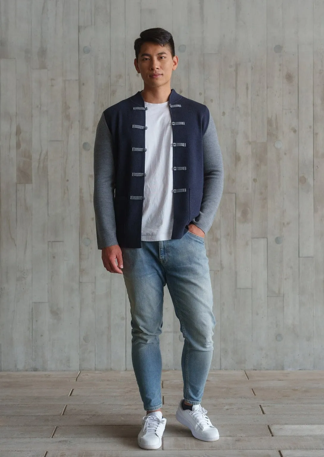 Color-Block Knit Tang Jacket (Dark Blue/ Grey)