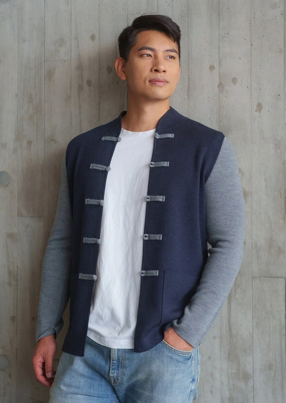 Color-Block Knit Tang Jacket (Dark Blue/ Grey)