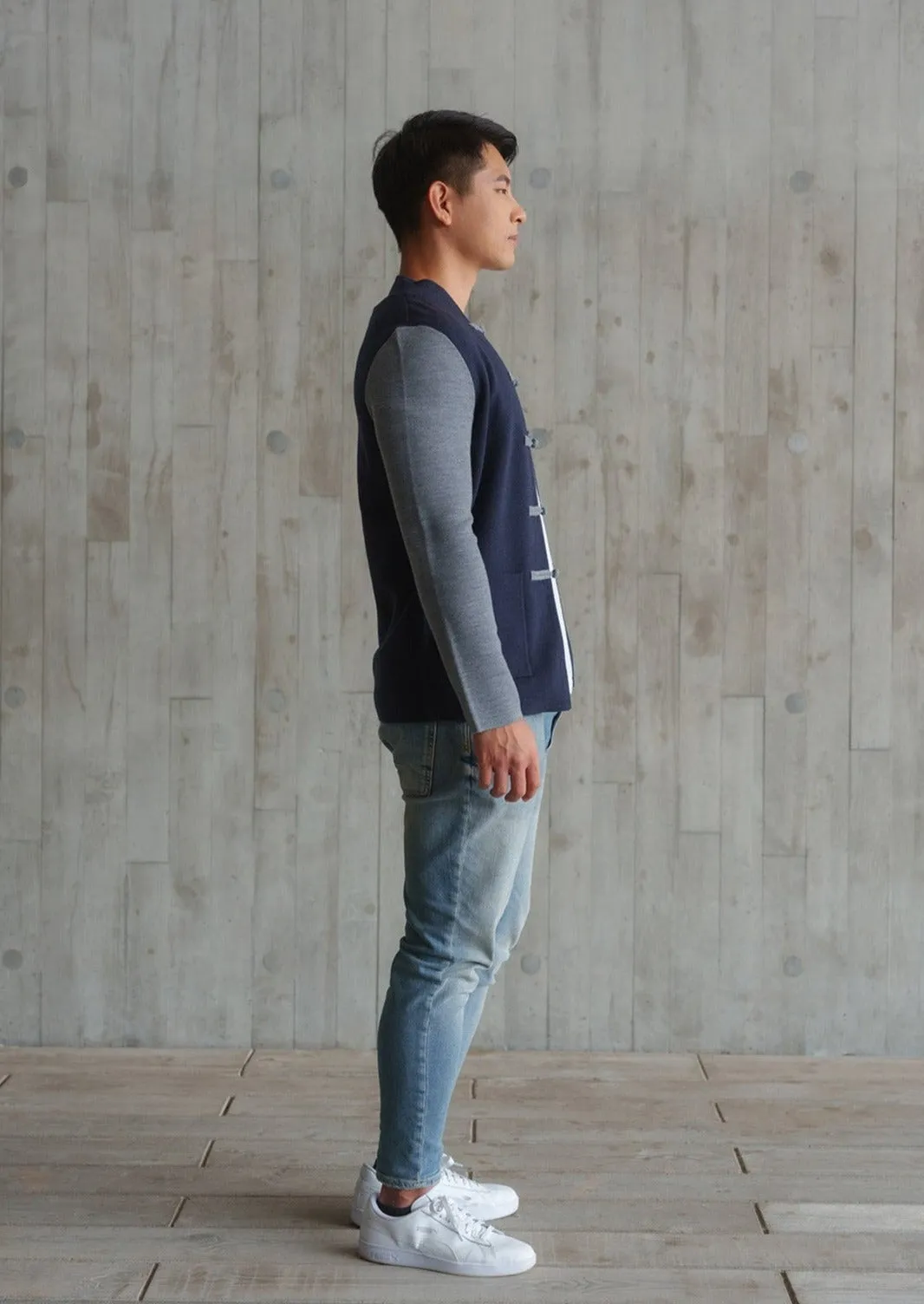 Color-Block Knit Tang Jacket (Dark Blue/ Grey)