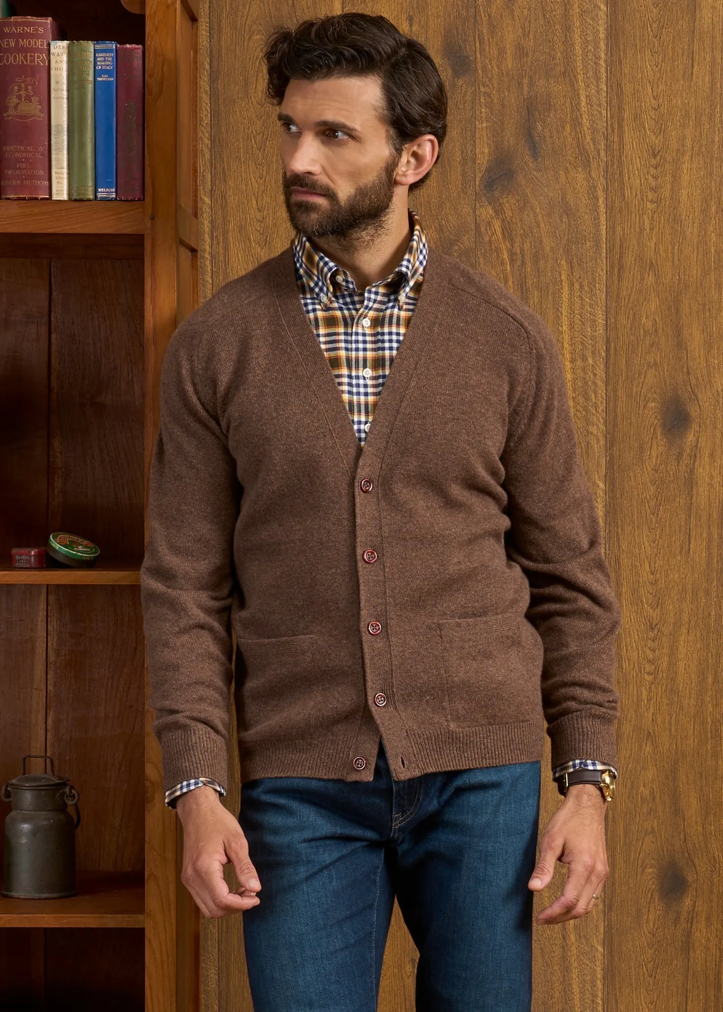 Cornwall Lambswool Cardigan in Tobacco  - Classic Fit