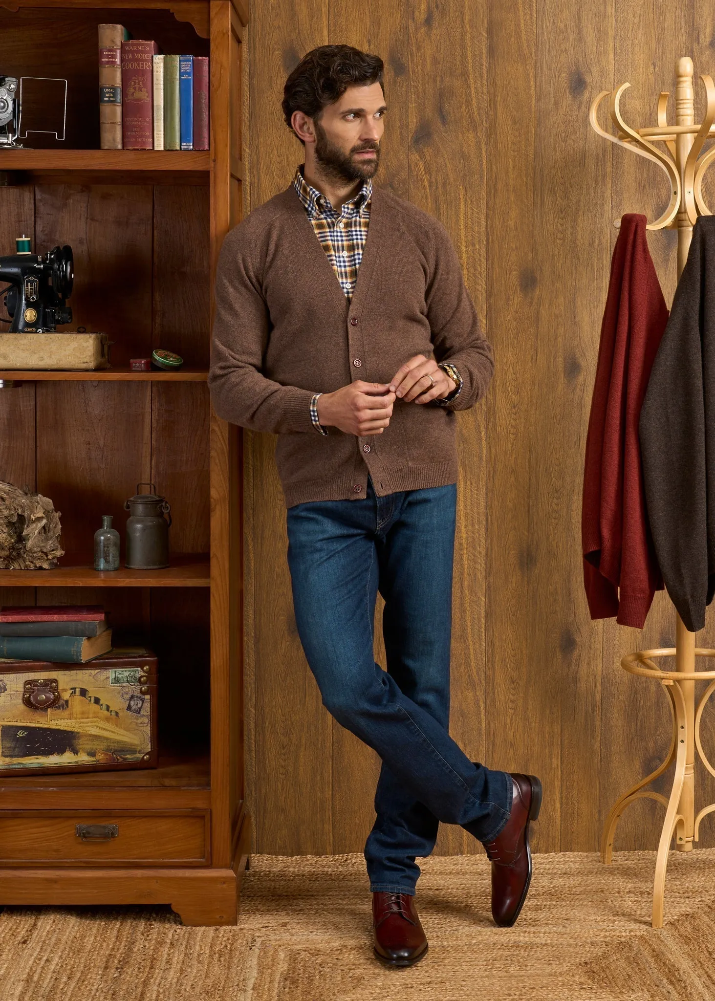 Cornwall Lambswool Cardigan in Tobacco  - Classic Fit