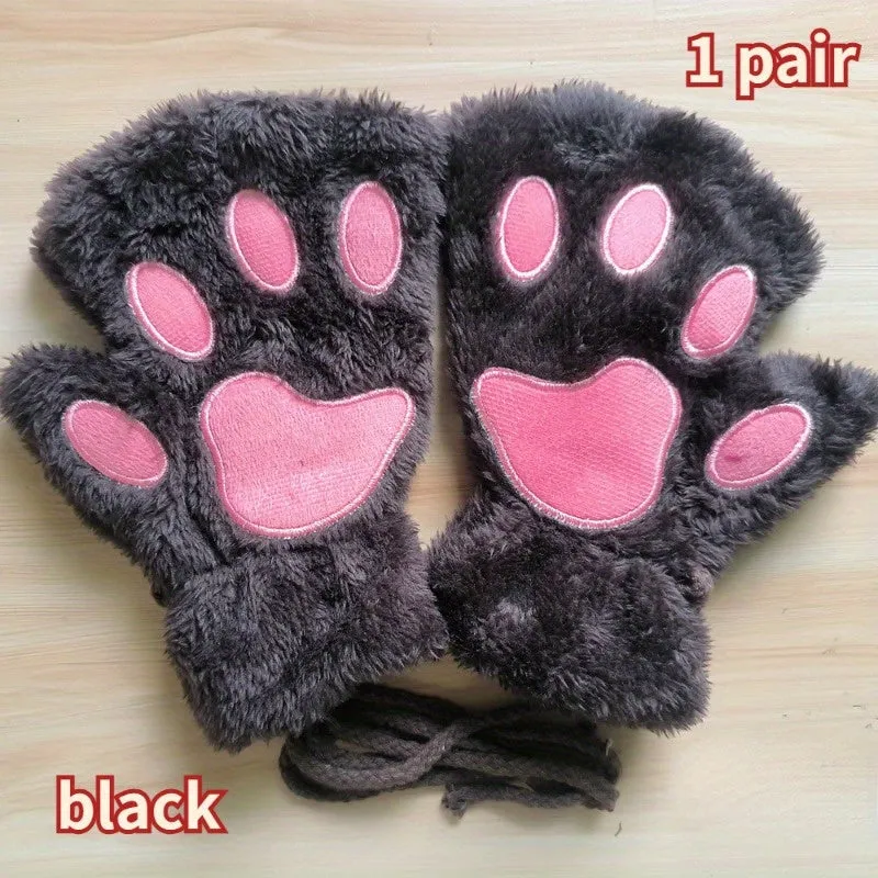 Cozy Cotton Blend Cat Paw Flip-Top Gloves - Elastic, Warm & Stylish For Women | Perfect For Outdoor Activities