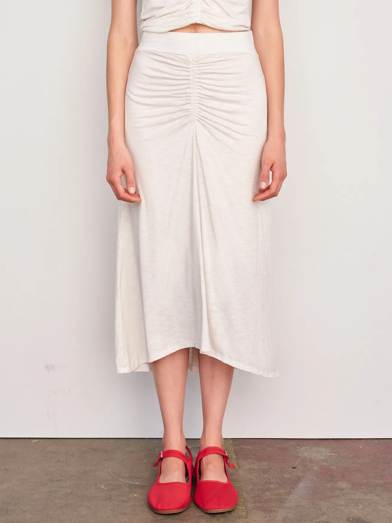 Cream Ruched Midi Skirt