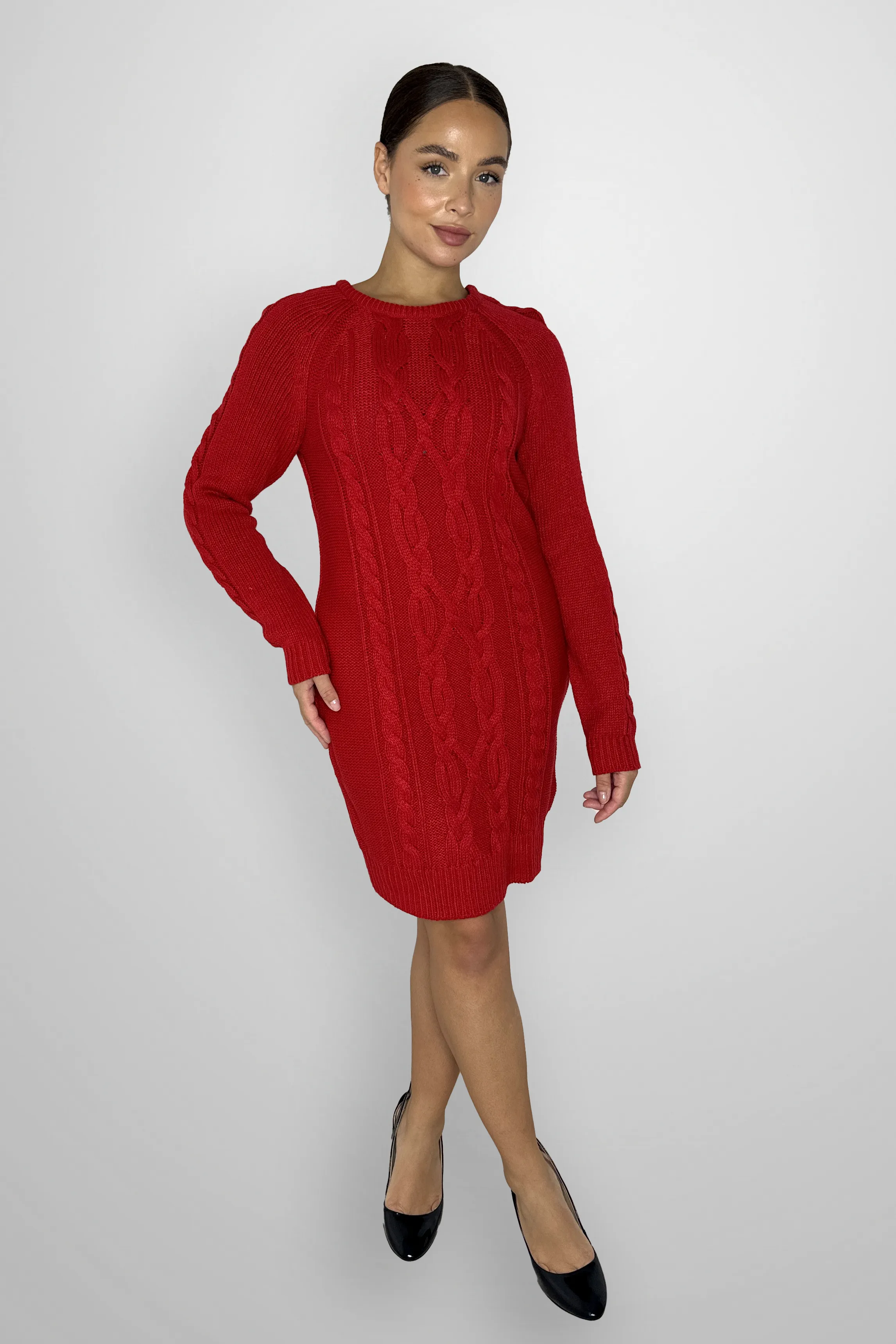 Crew Neck Cable Knit Acrylic Jumper Dress