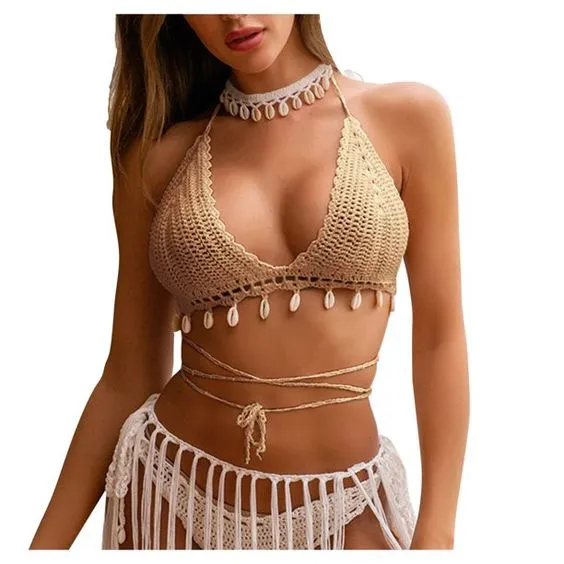 Crochet Bikini Top Lace Up Sides Skirt And Choker Set With Cowrie Shells Choose Black Tan White Or Mixed Available In Small Medium Or Large Triangle Tops With Adjustable Sizing Medium Mini Skirts