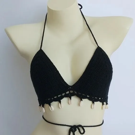 Crochet Bikini Top Lace Up Sides Skirt And Choker Set With Cowrie Shells Choose Black Tan White Or Mixed Available In Small Medium Or Large Triangle Tops With Adjustable Sizing Medium Mini Skirts