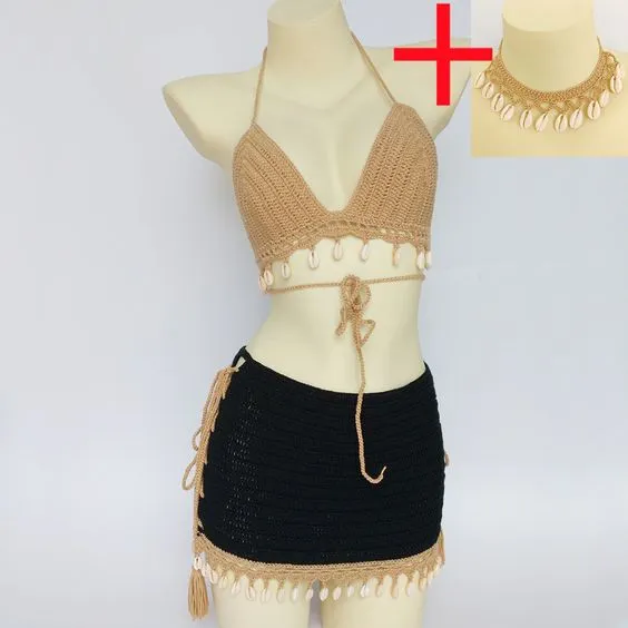 Crochet Bikini Top Lace Up Sides Skirt And Choker Set With Cowrie Shells Choose Black Tan White Or Mixed Available In Small Medium Or Large Triangle Tops With Adjustable Sizing Medium Mini Skirts