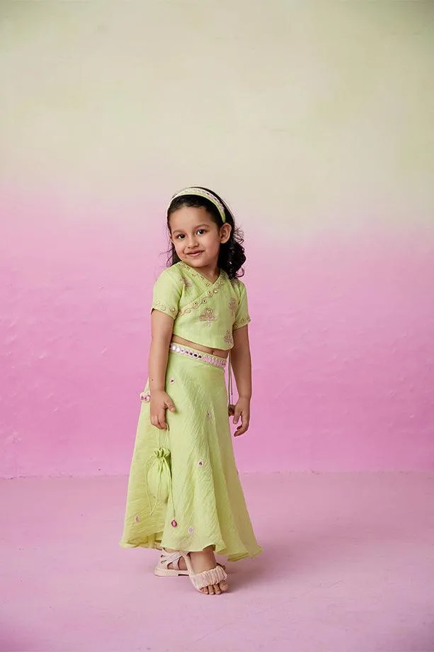 Dainty Garden- Lime Hand Embroidered Crop top, Skirt and Dupatta Set for Girls