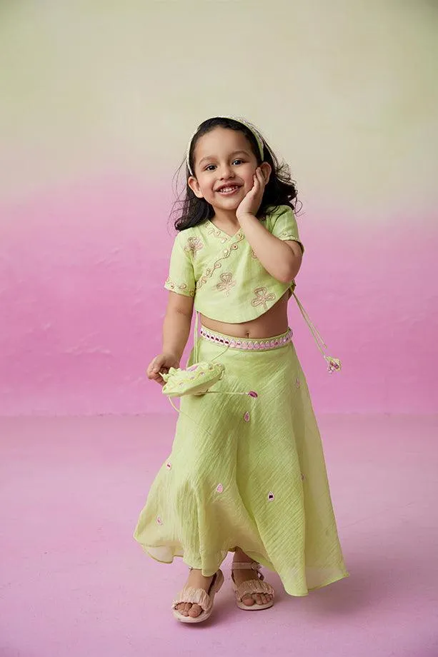 Dainty Garden- Lime Hand Embroidered Crop top, Skirt and Dupatta Set for Girls