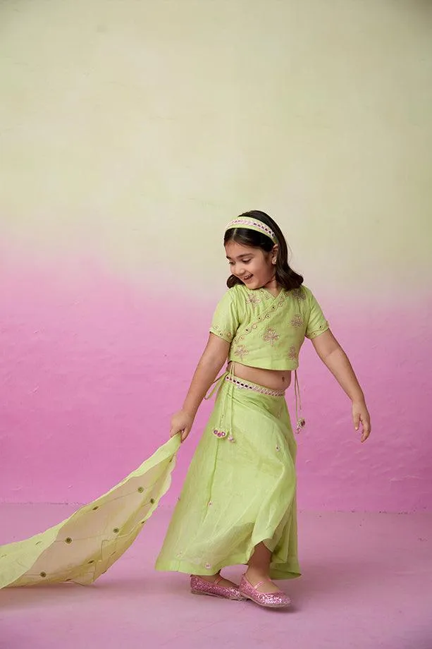 Dainty Garden- Lime Hand Embroidered Crop top, Skirt and Dupatta Set for Girls