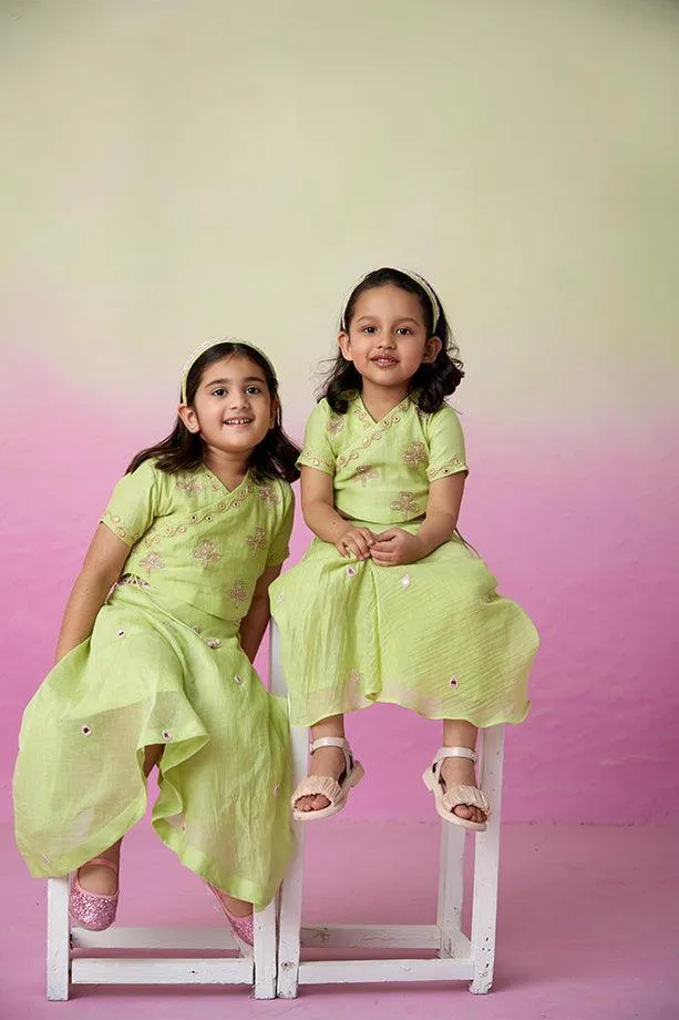 Dainty Garden- Lime Hand Embroidered Crop top, Skirt and Dupatta Set for Girls