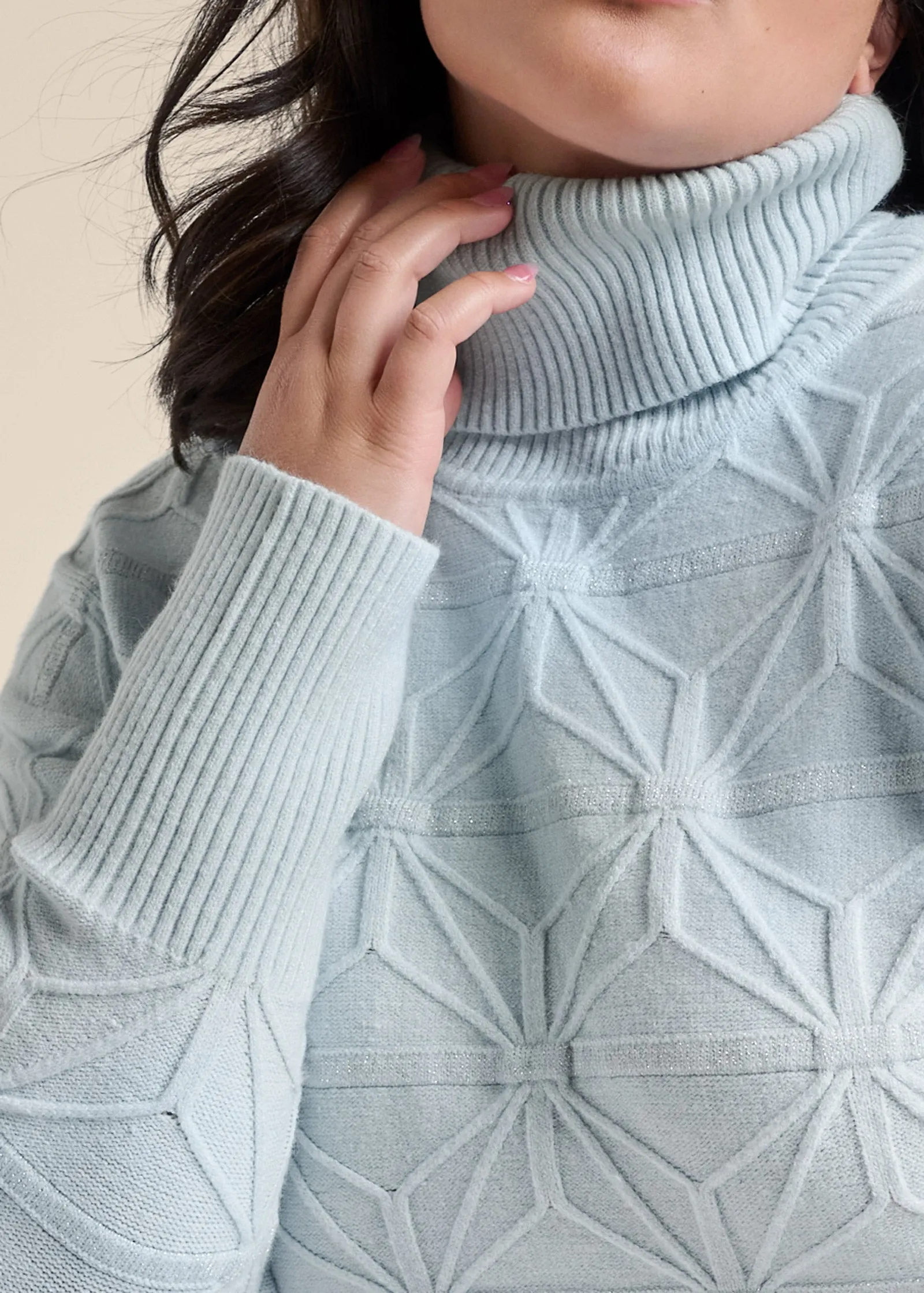 Diamond Cable Turtle Neck Sweater - Light Blue