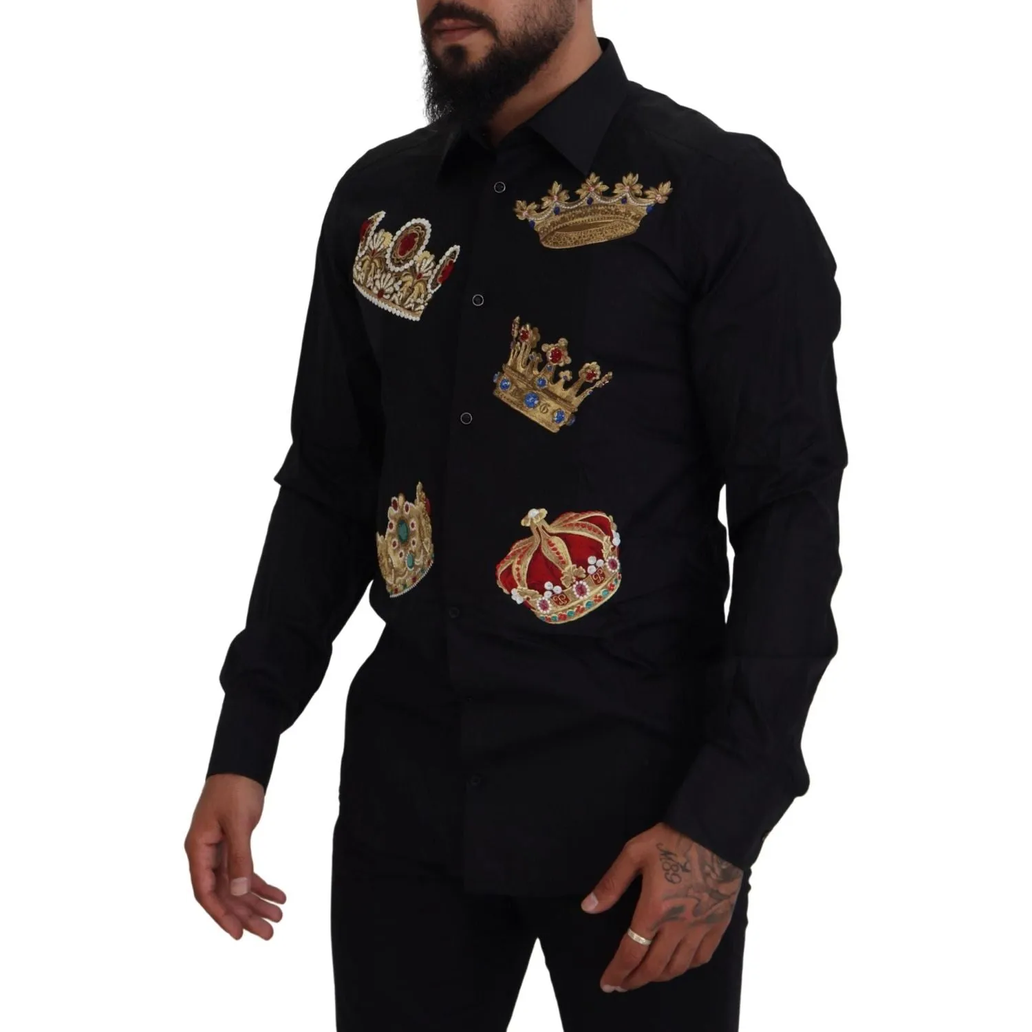 Dolce & Gabbana Elegant Black Slim Fit Dress Shirt with Crown Embroidery