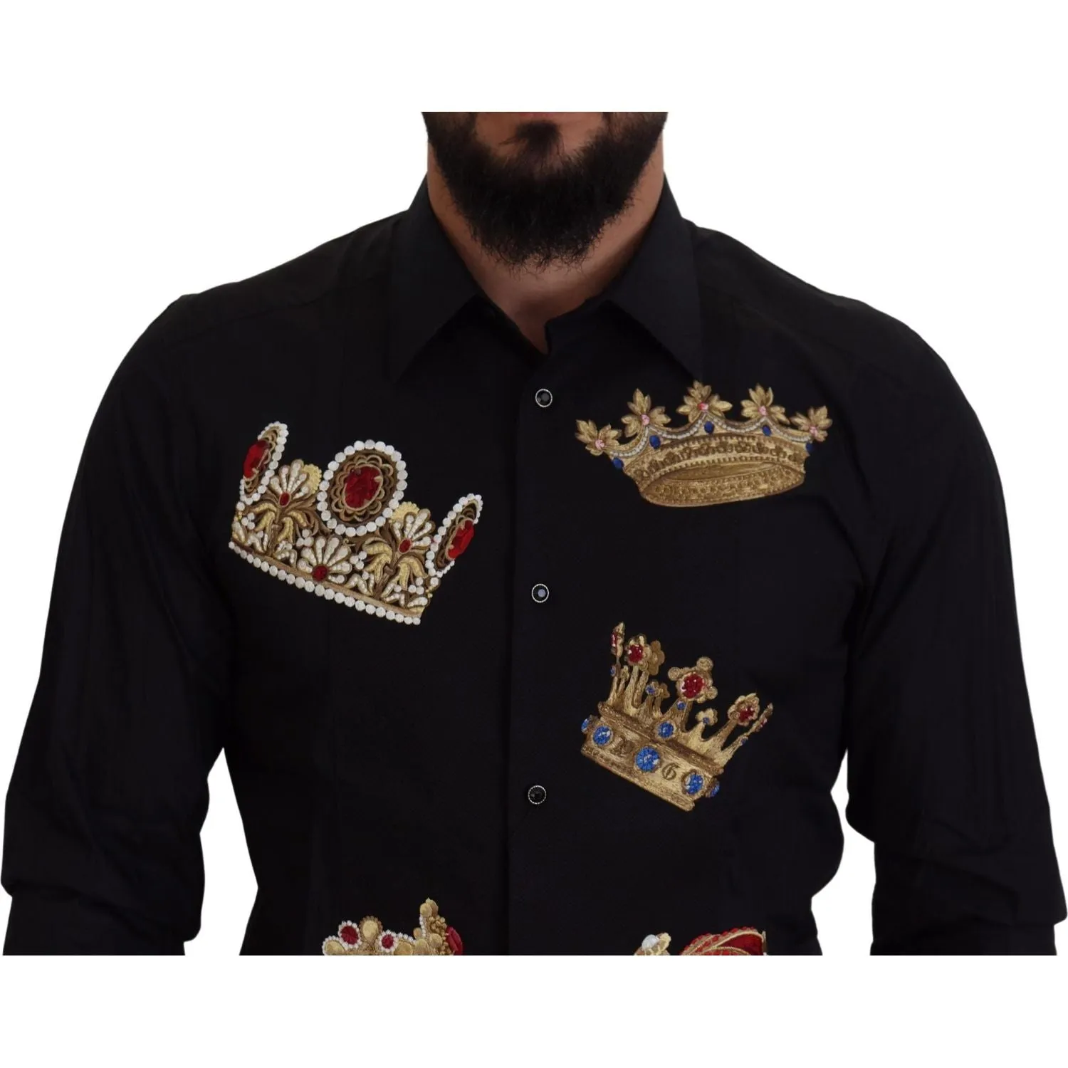 Dolce & Gabbana Elegant Black Slim Fit Dress Shirt with Crown Embroidery