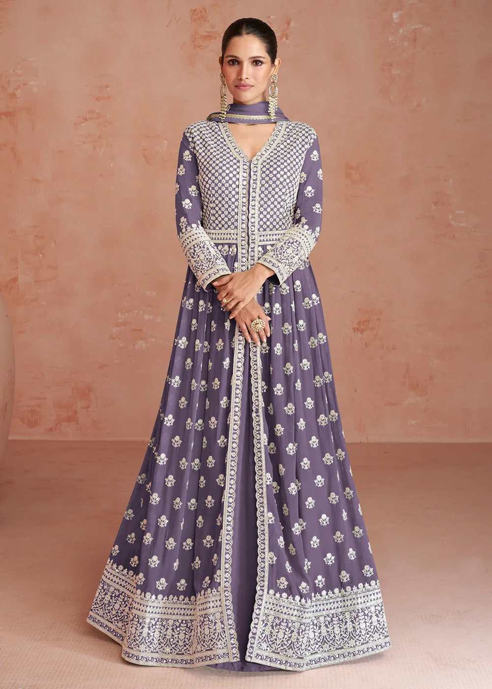 Dusty Lavender Slit Style Embroidered Georgette Skirt Anarkali Suit