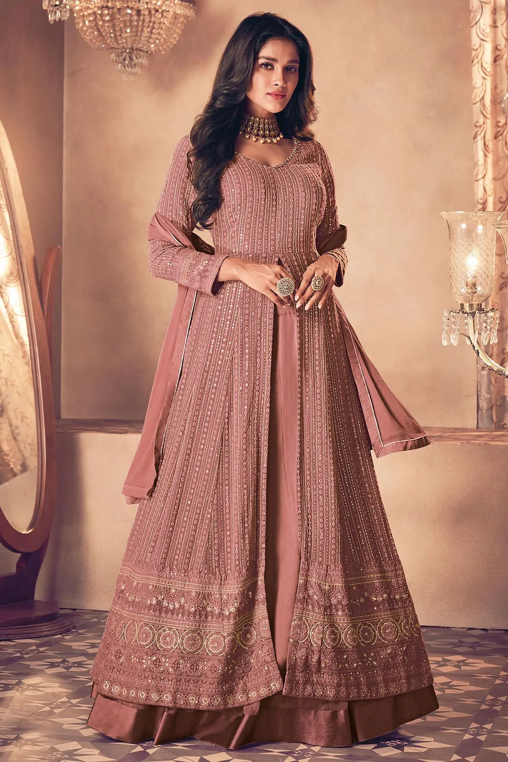 Dusty Mauve Floor Length Sequins Work Anarkali Suit