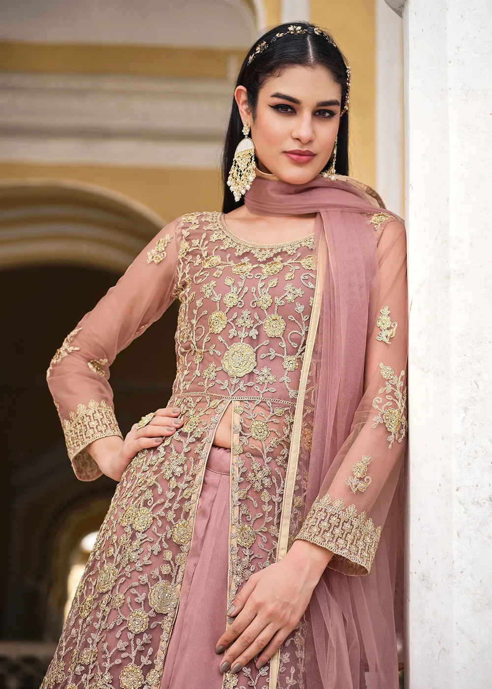 Dusty Mauve Skirt & Pant Style Designer Anarkali Suit