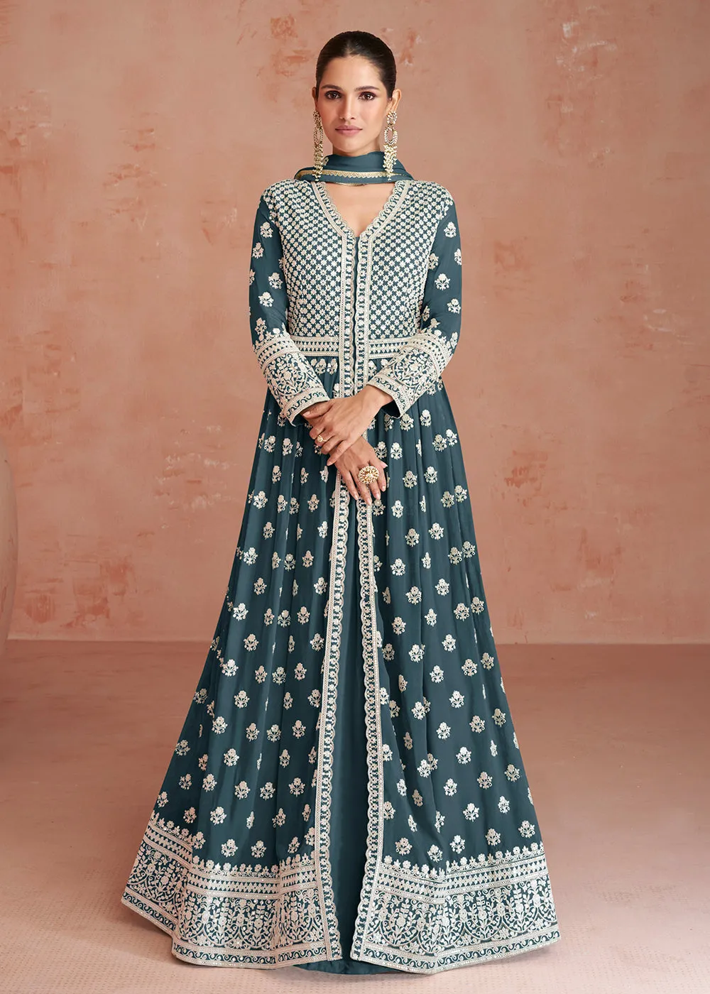 Dusty Teal Blue Slit Style Embroidered Georgette Skirt Anarkali Suit