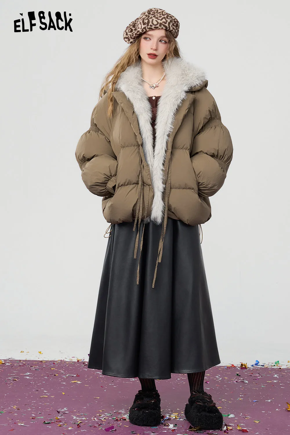 ELFSACK 2024 Winter New Arrivals Fake fur collar stitching down jacket women raglan long sleeve warm coat