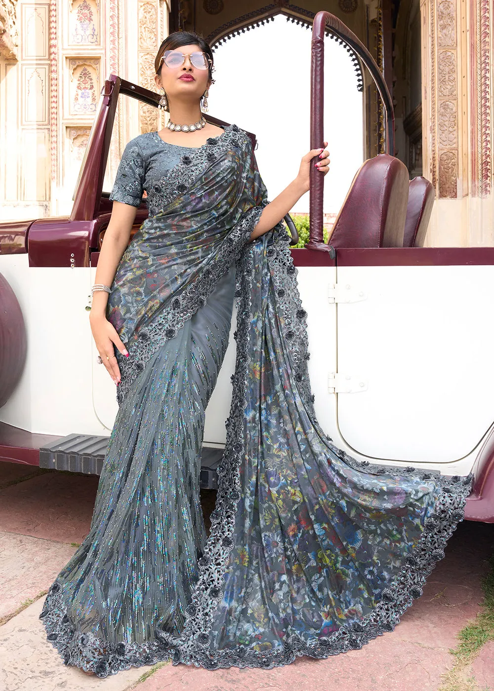 Enriching Grey Applique Net Designer Bridal Party Wear Saree