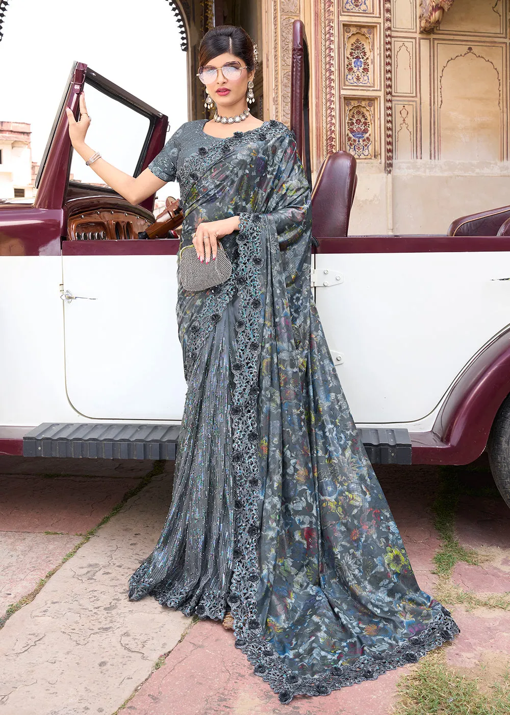 Enriching Grey Applique Net Designer Bridal Party Wear Saree