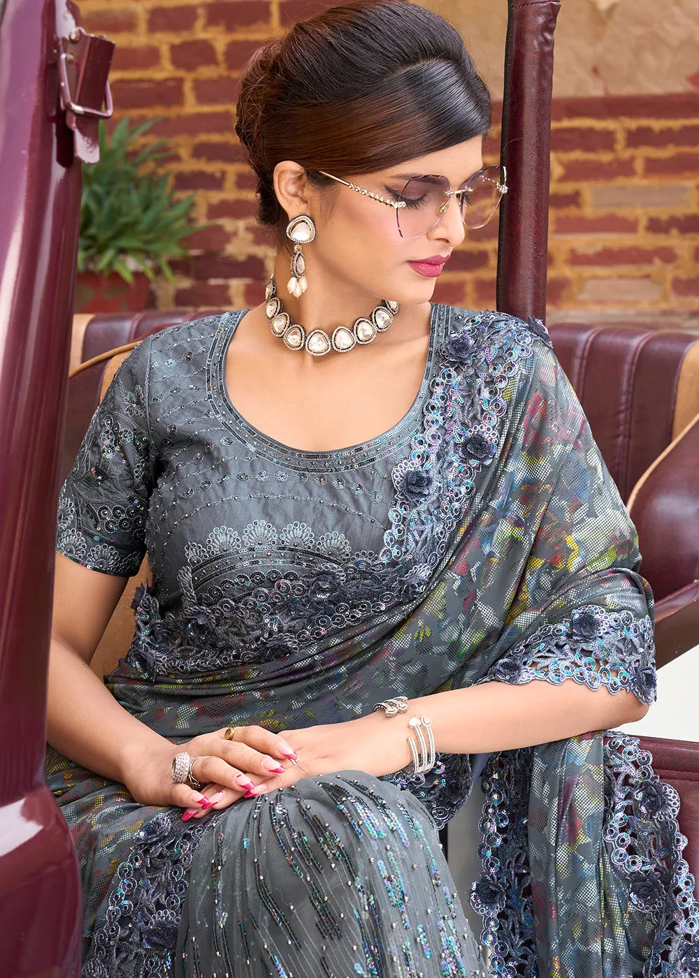 Enriching Grey Applique Net Designer Bridal Party Wear Saree