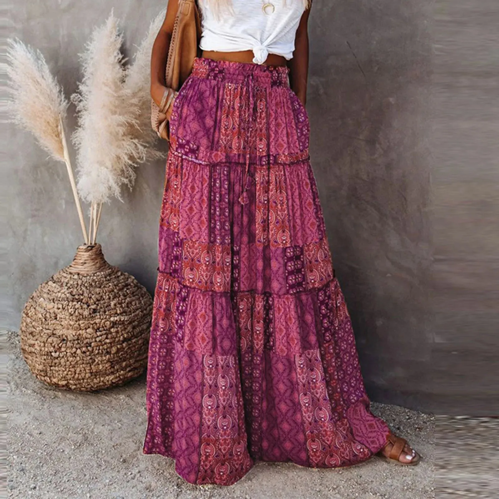 Ethnic Boho Flowers Loose With Pleated Beach Casual Women's Skirt