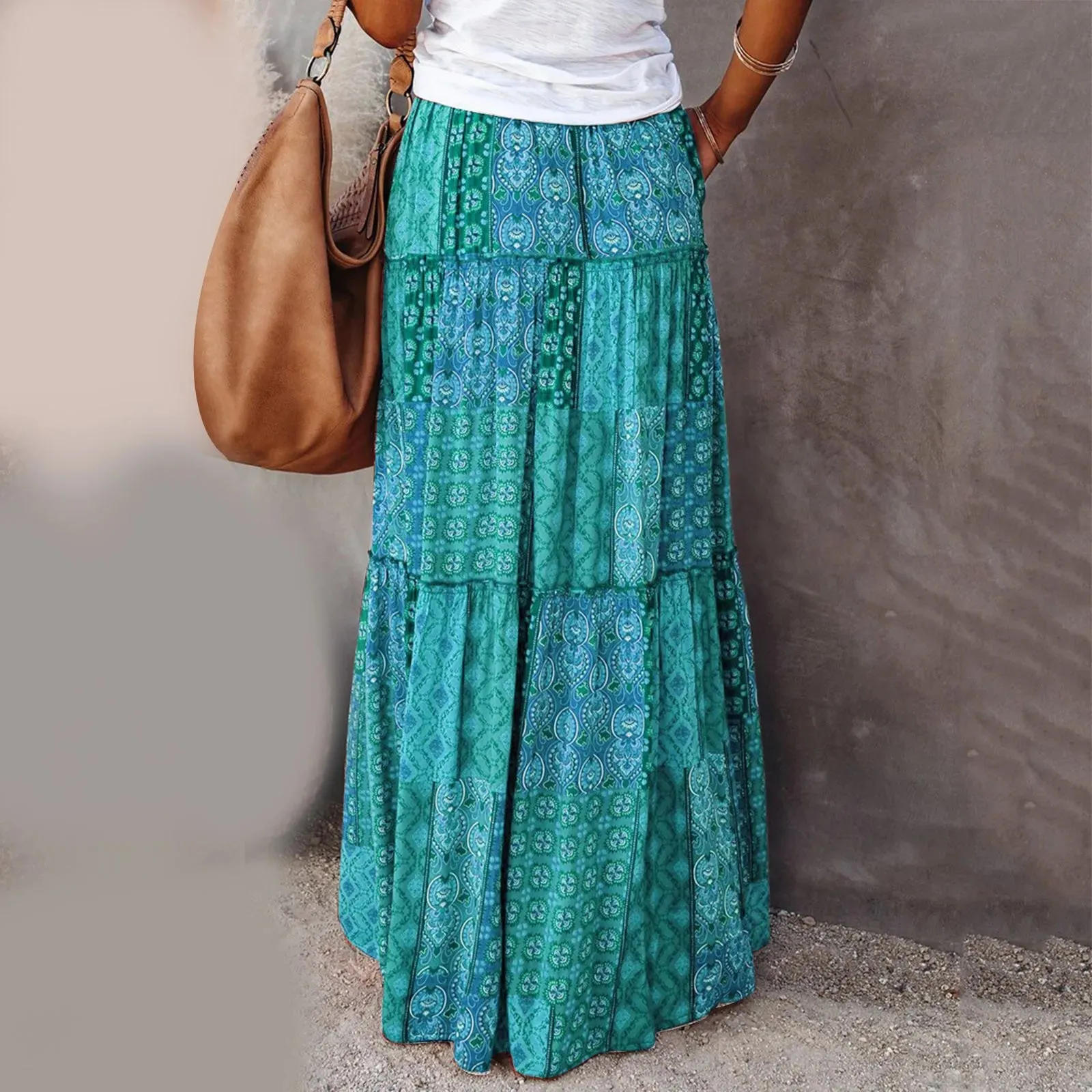 Ethnic Boho Flowers Loose With Pleated Beach Casual Women's Skirt