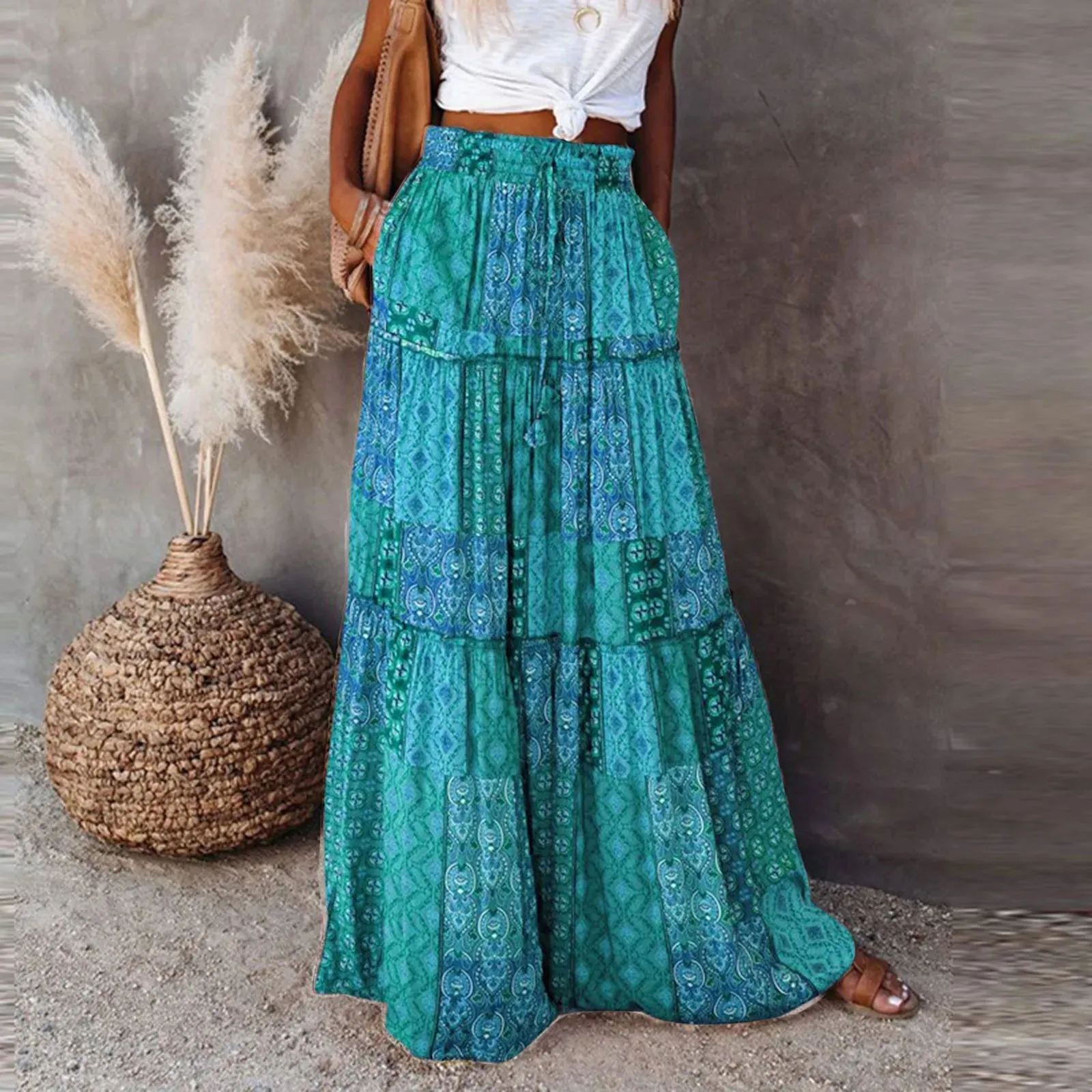 Ethnic Boho Flowers Loose With Pleated Beach Casual Women's Skirt