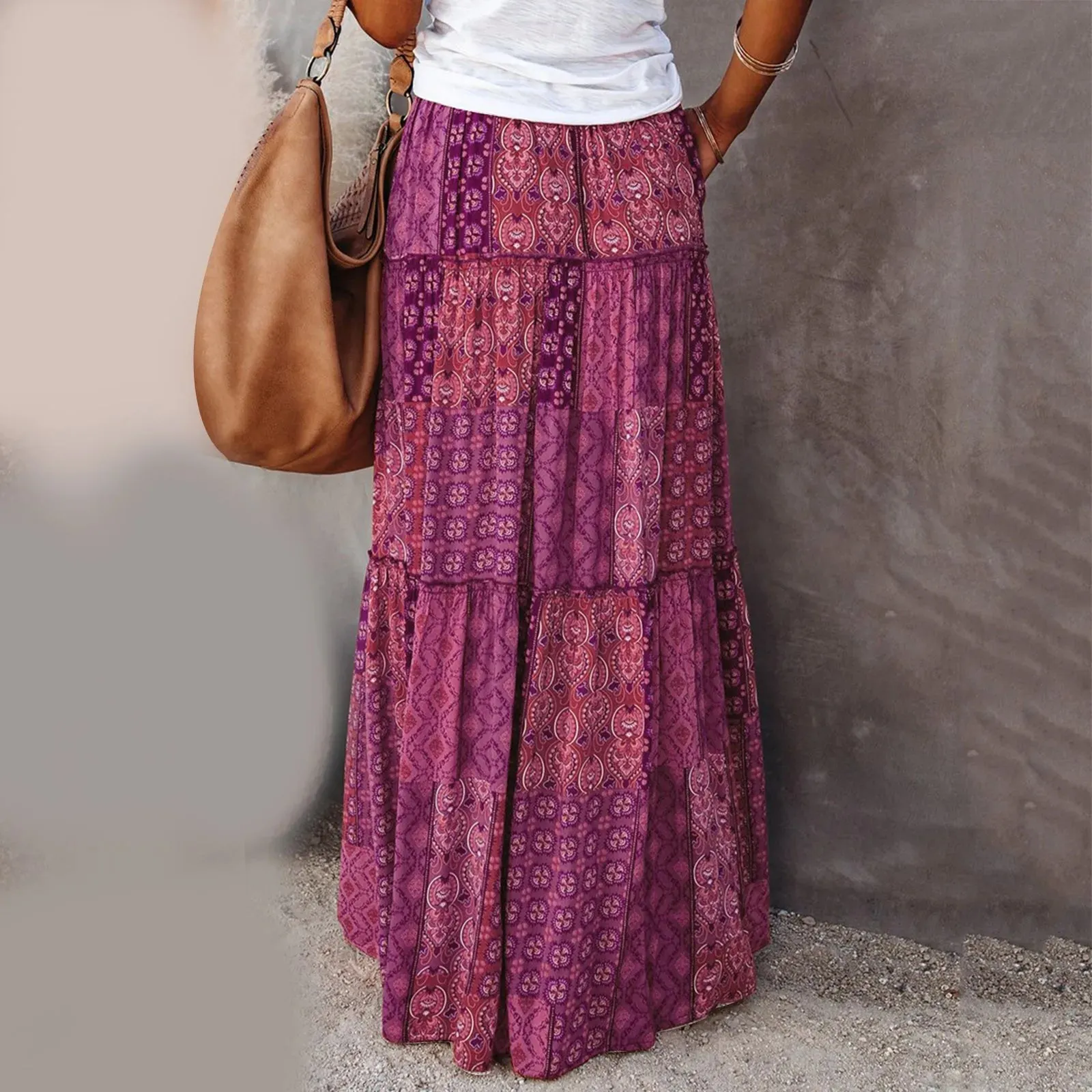 Ethnic Boho Flowers Loose With Pleated Beach Casual Women's Skirt