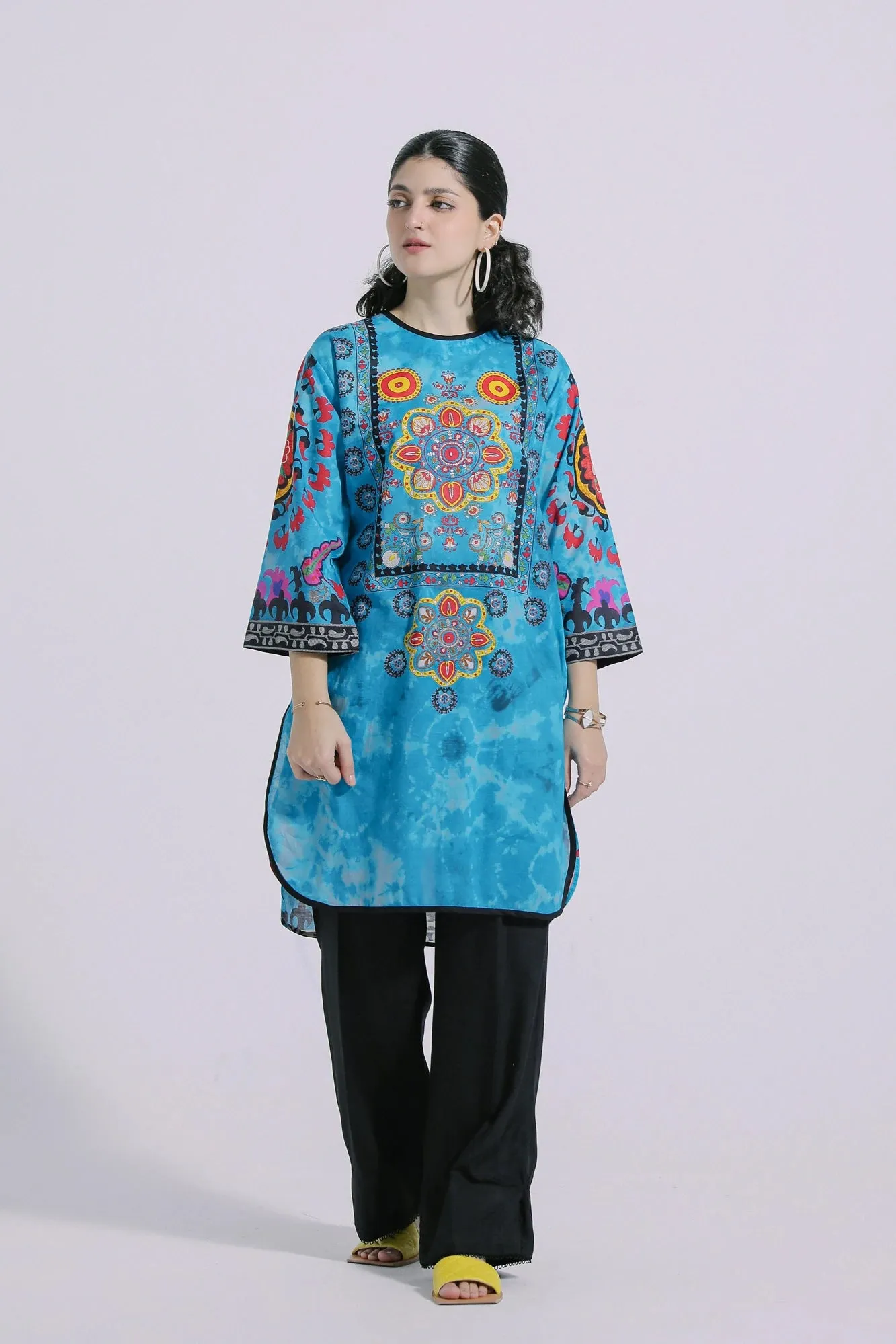 Ethnic Turquoise Printed Lawn Shirt