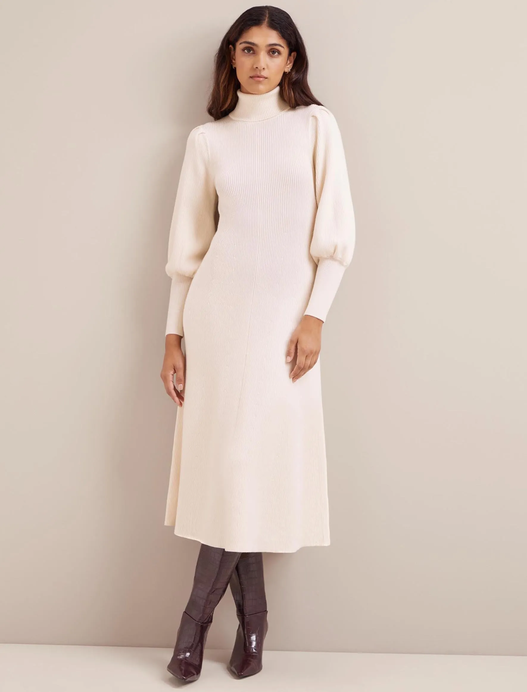 Eva Merino Wool Roll Neck Dress - Cream