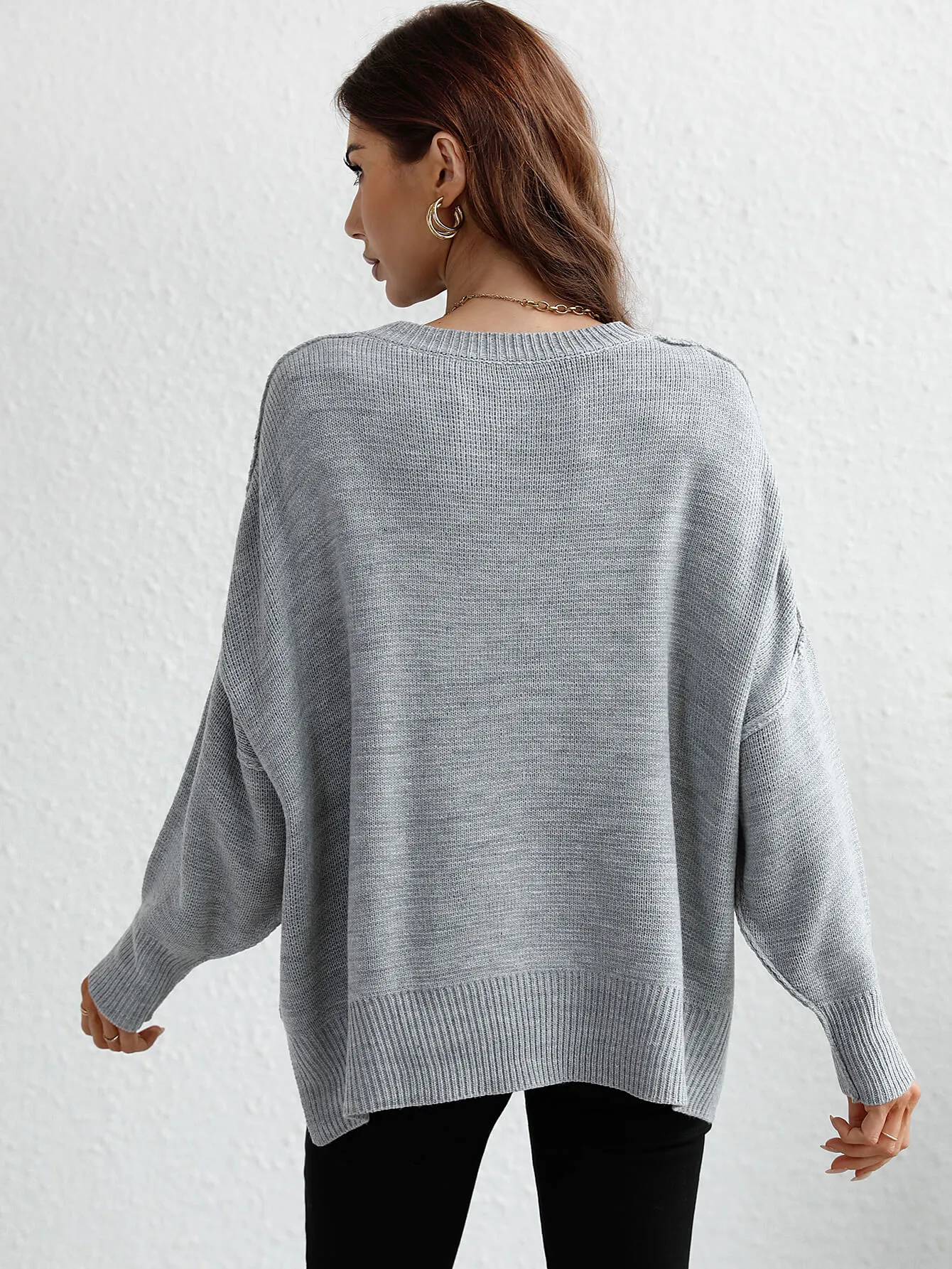 Exposed Seam Dropped Shoulder Slit Sweater