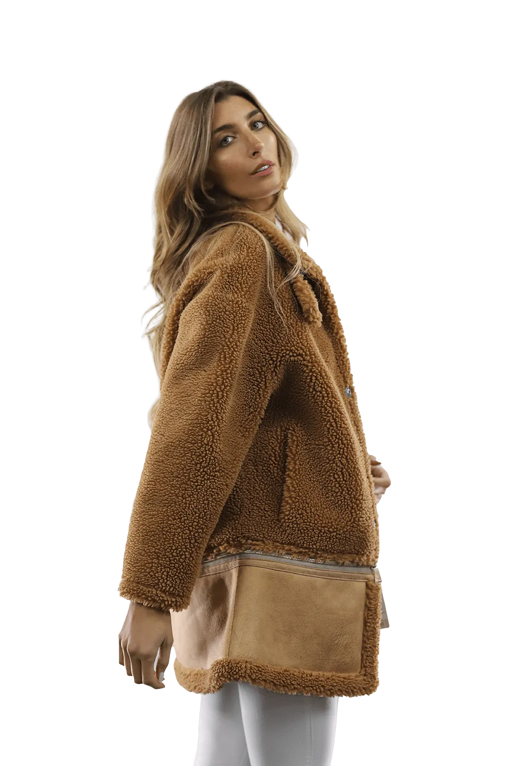 Faux Fur Coat with Zipper detail - Brown